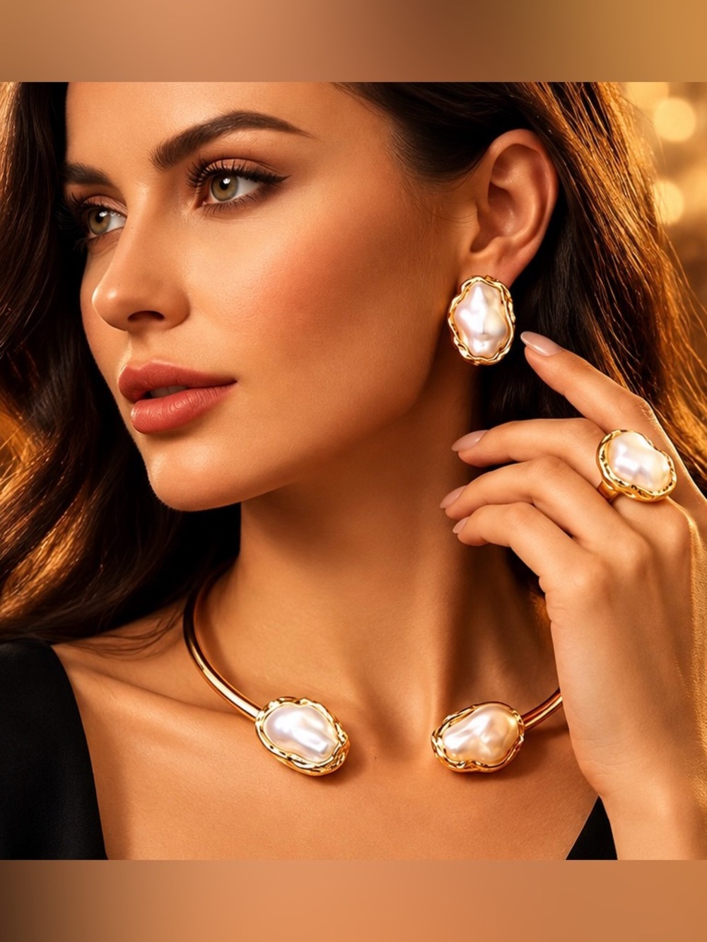 Baroque Pearl Statement Jewelry Set Necklace Earrings Ring